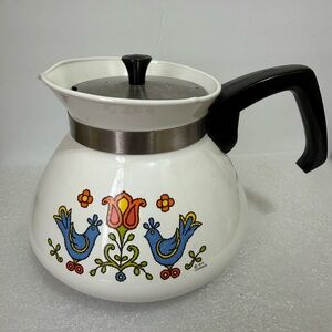 Corningware White Coffee Pot with Floral and Bird Design
